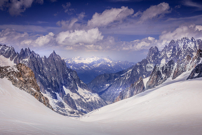 白雪皑皑的Les Drus, vallee Blanche, Mont Blanc Massif和冰川-意大利阿尔卑斯山边